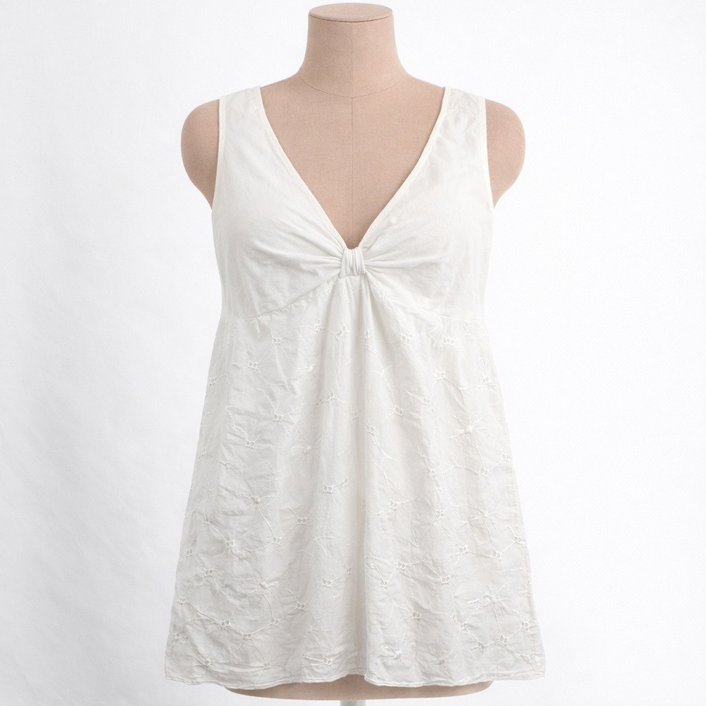 Coquette Fairy Eyelet Empire Waist Babydoll Top Size L White Sleeveless Romantic